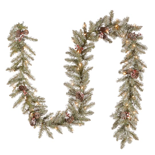 9' X 10" Pre-lit Dunhill® Fir Artificial Christmas Garland with Snow, Red Berries, Cones and 50 Clear Lights